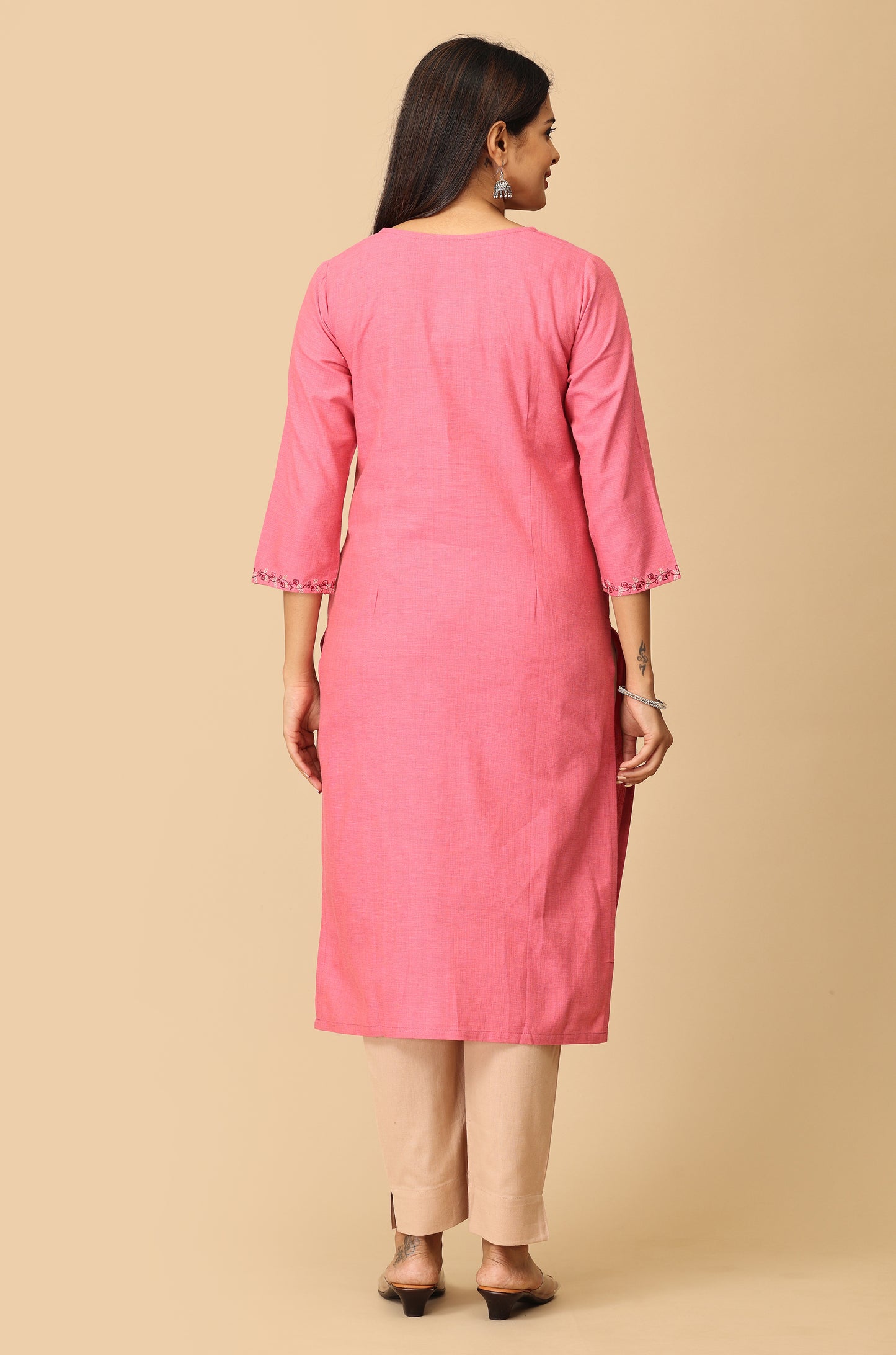 Peach Khadi Straight Embroidery Kurti