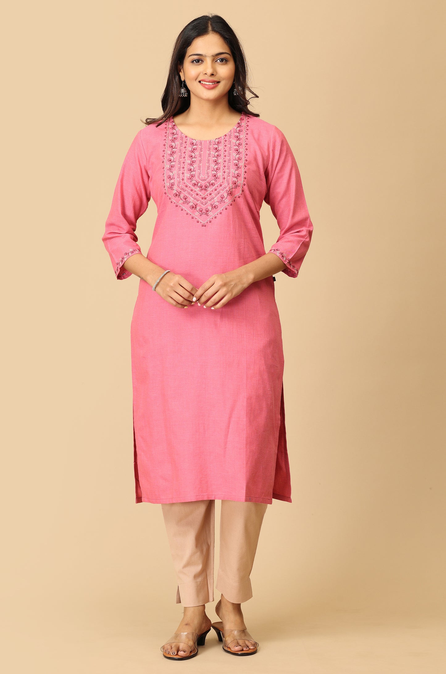 Peach Khadi Straight Embroidery Kurti