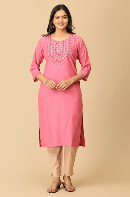 Peach Khadi Straight Embroidery Kurti