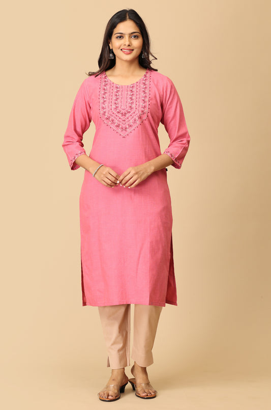 Peach Khadi Straight Embroidery Kurti