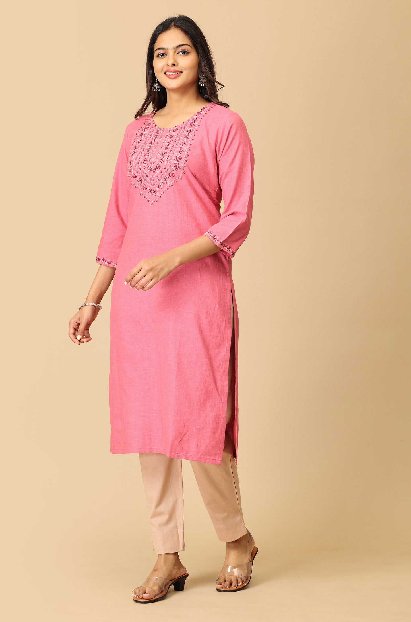 Peach Khadi Straight Embroidery Kurti