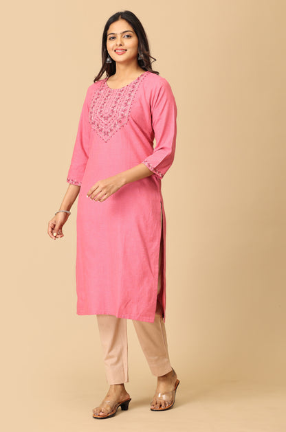 Peach Khadi Straight Embroidery Kurti