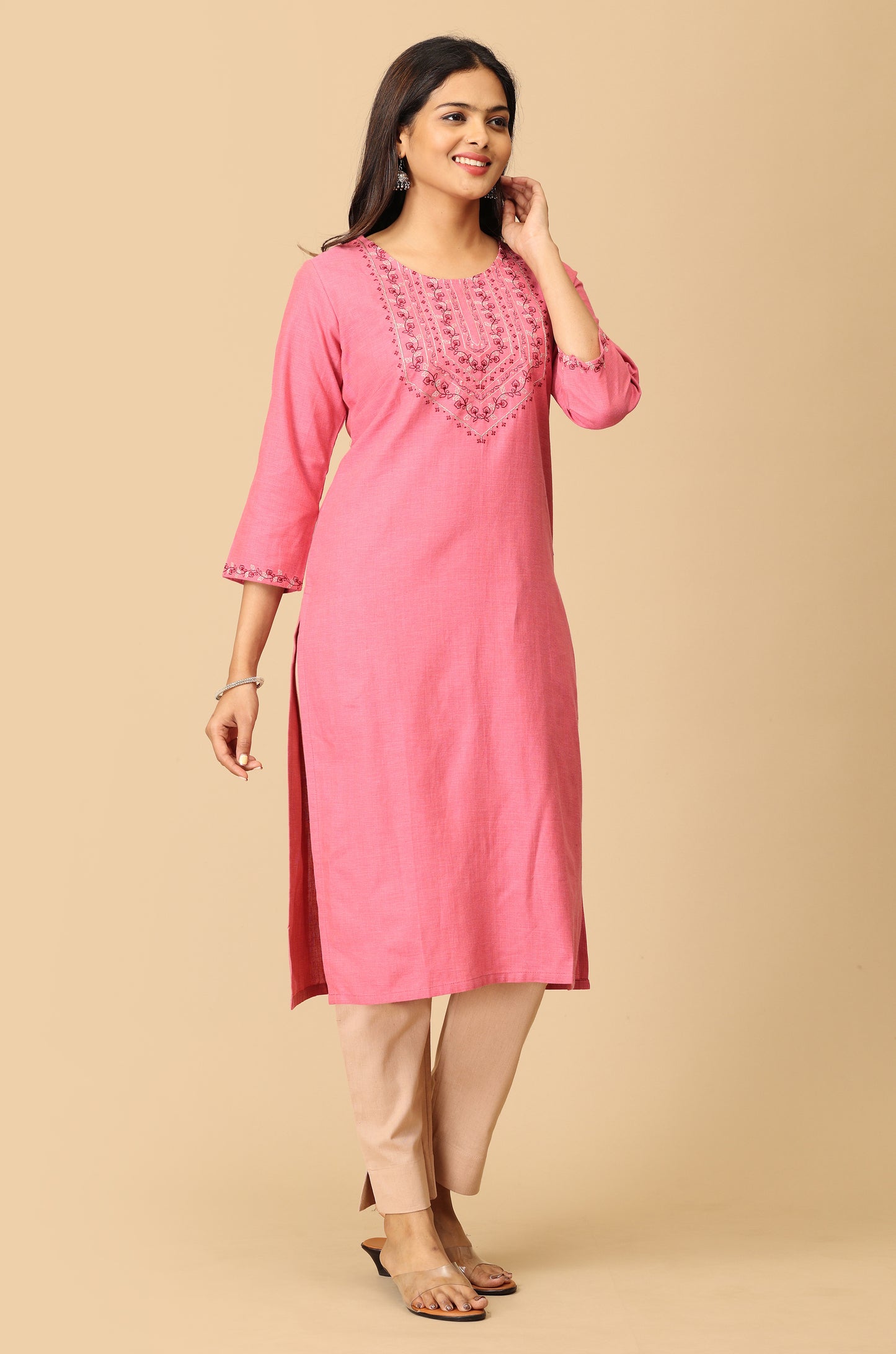 Peach Khadi Straight Embroidery Kurti