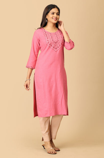 Peach Khadi Straight Embroidery Kurti