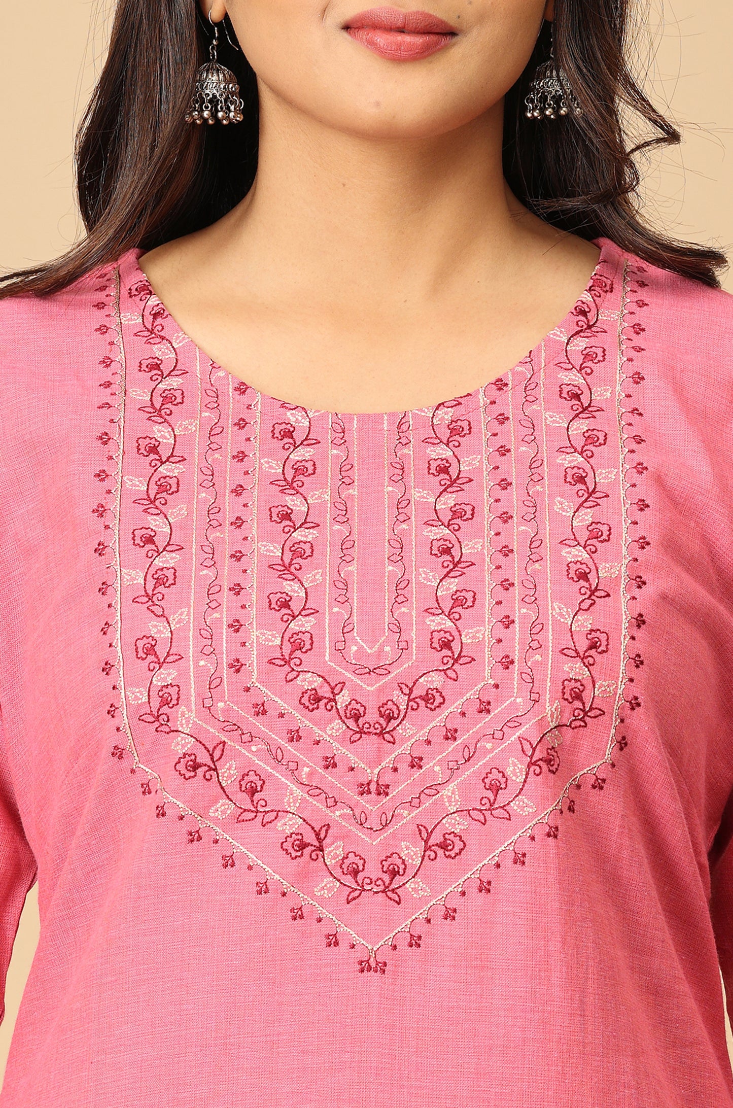 Peach Khadi Straight Embroidery Kurti