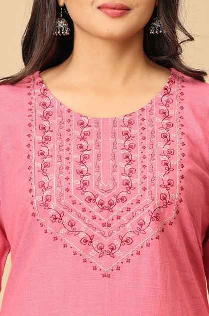 Peach Khadi Straight Embroidery Kurti