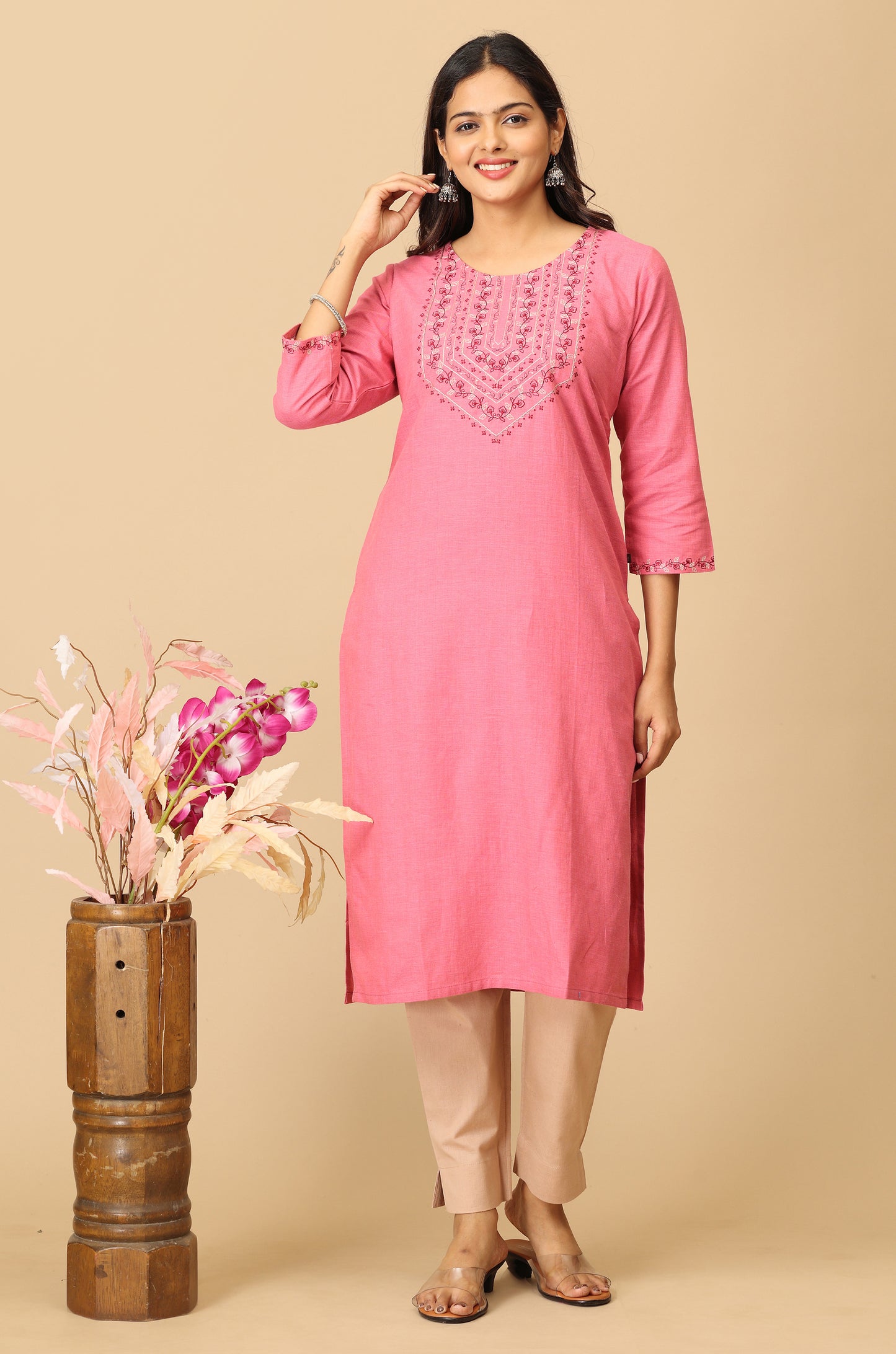 Peach Khadi Straight Embroidery Kurti