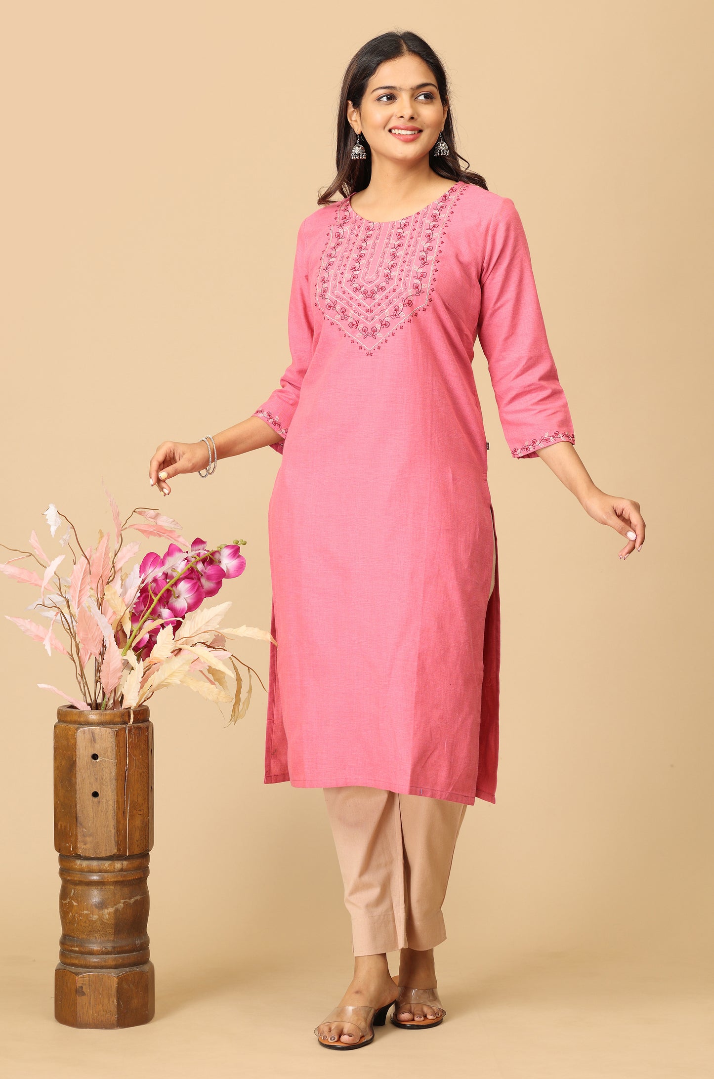 Peach Khadi Straight Embroidery Kurti