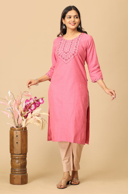 Peach Khadi Straight Embroidery Kurti