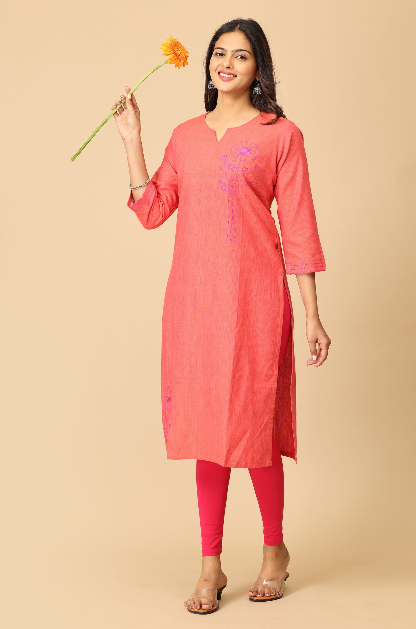 Peach Straight Side Embroidery