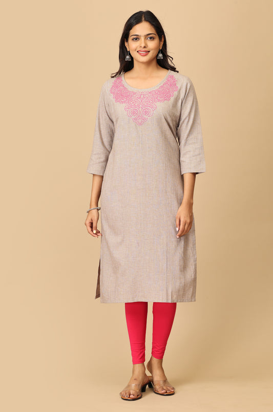 Light Brown Neck Embroidery Kurti