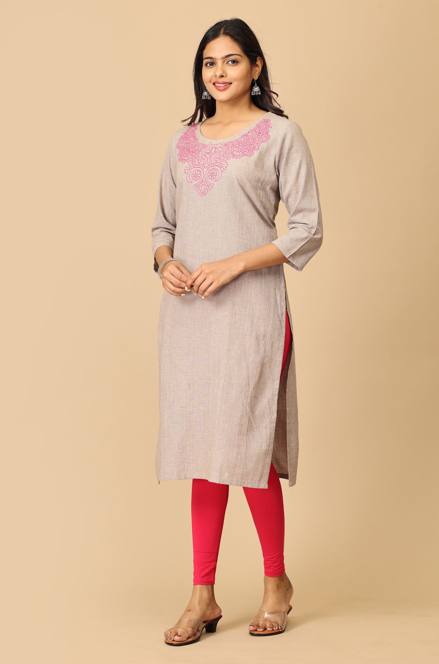 Light Brown Neck Embroidery Kurti