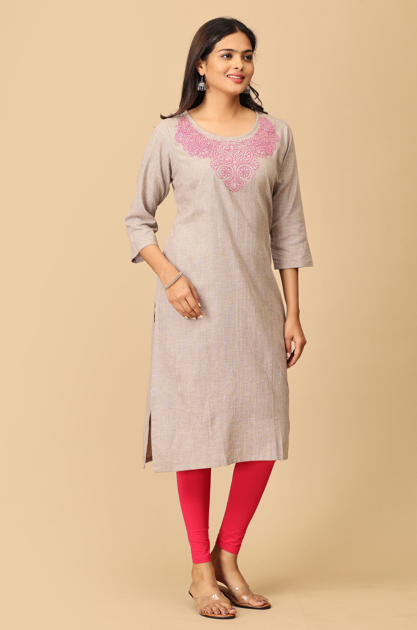 Light Brown Neck Embroidery Kurti