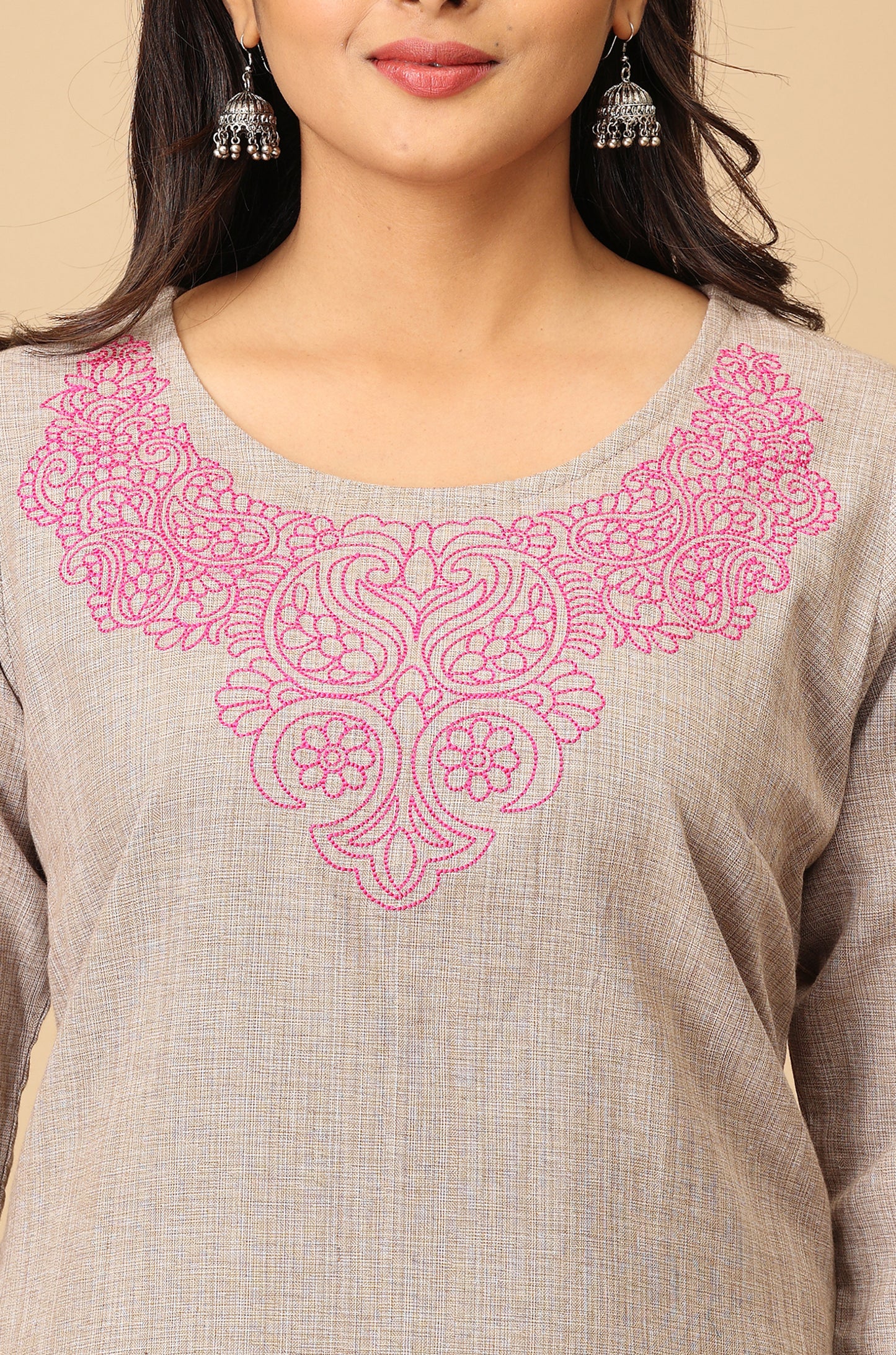 Light Brown Neck Embroidery Kurti