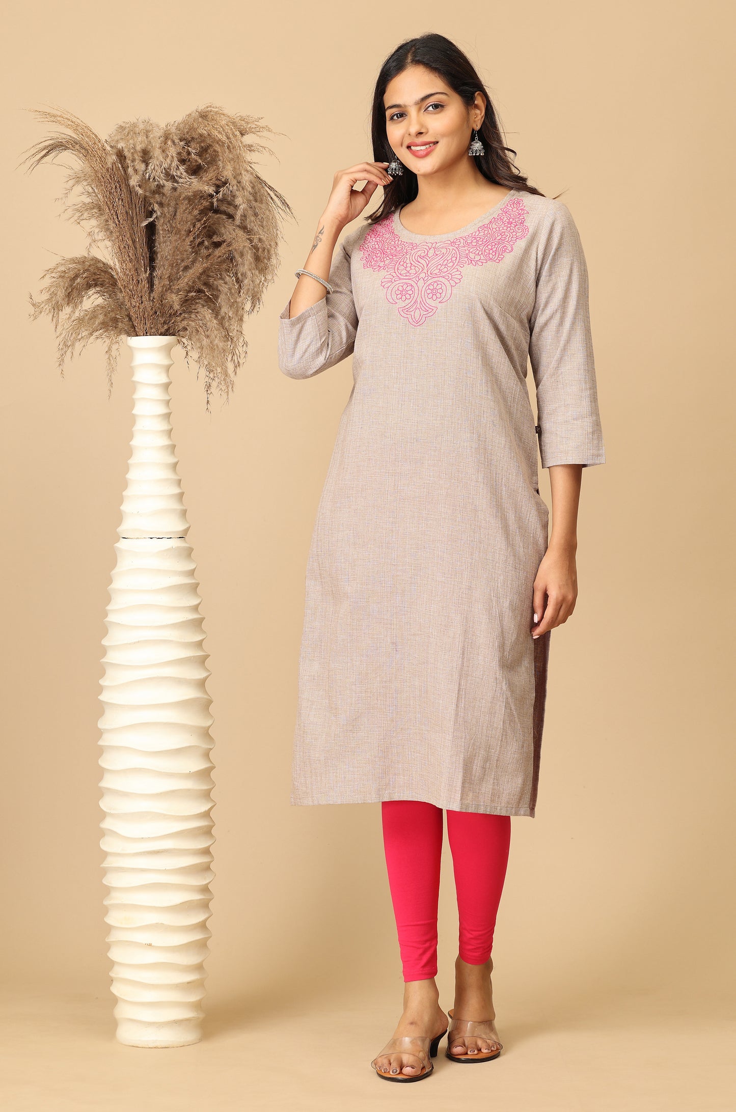 Light Brown Neck Embroidery Kurti