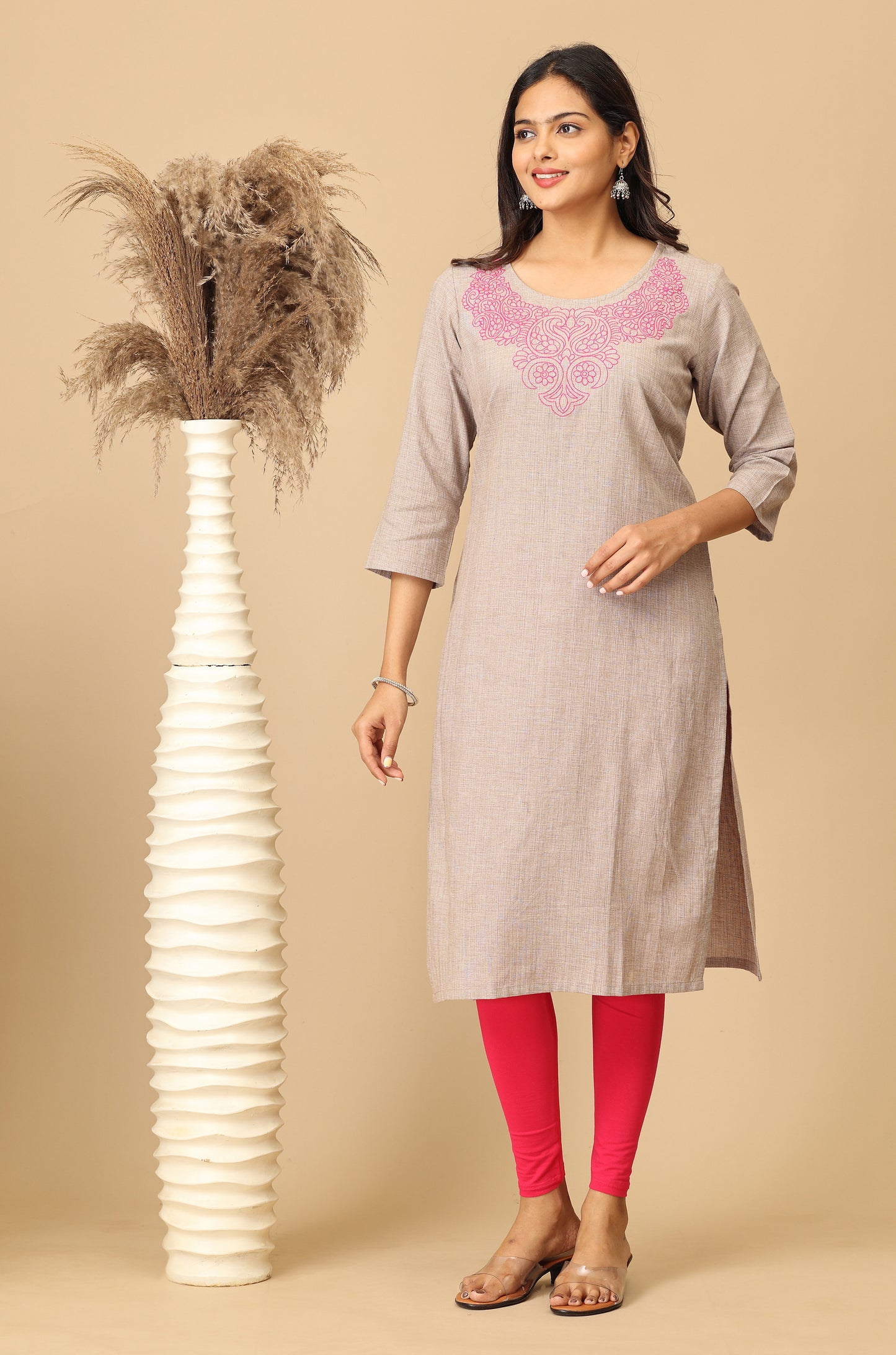 Light Brown Neck Embroidery Kurti
