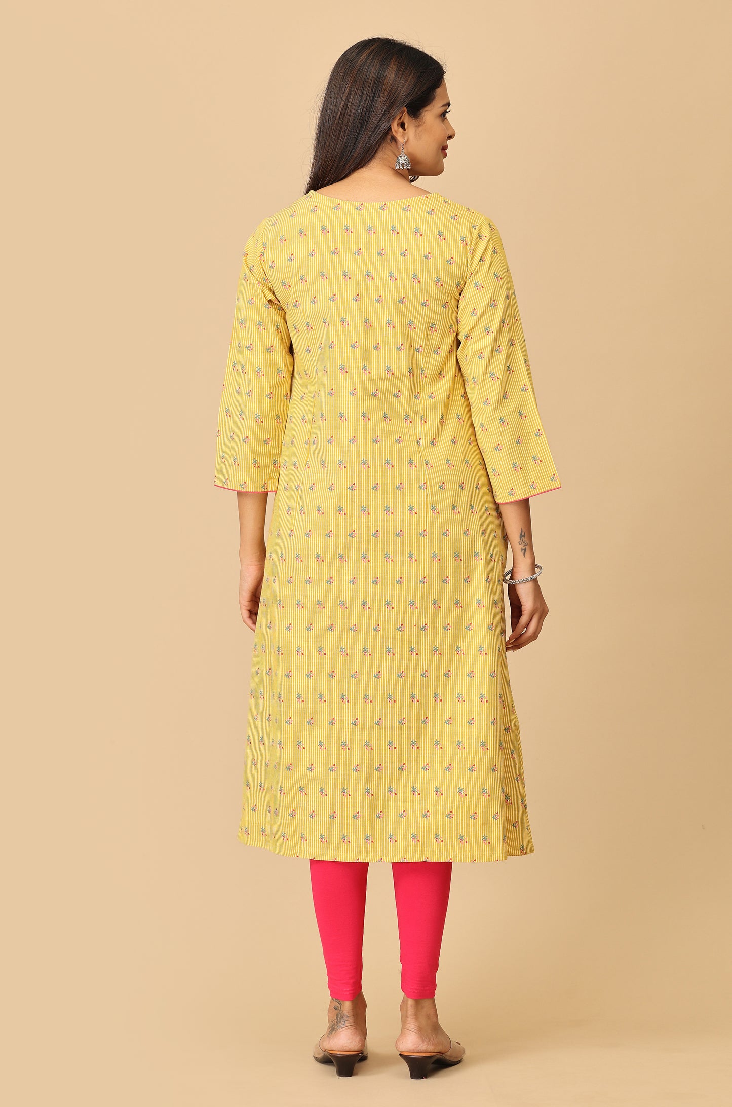 Printed Yellow Rayon Slub Kurti