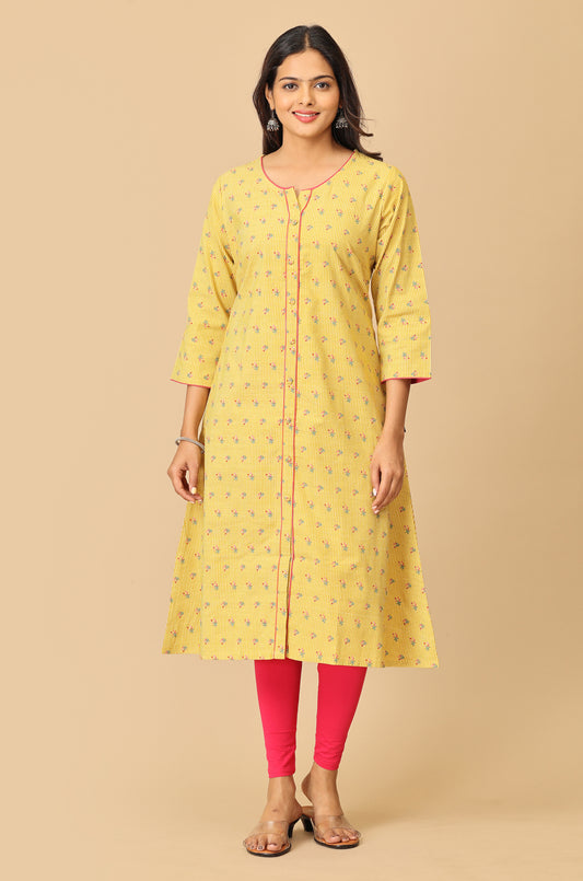 Printed Yellow Rayon Slub Kurti