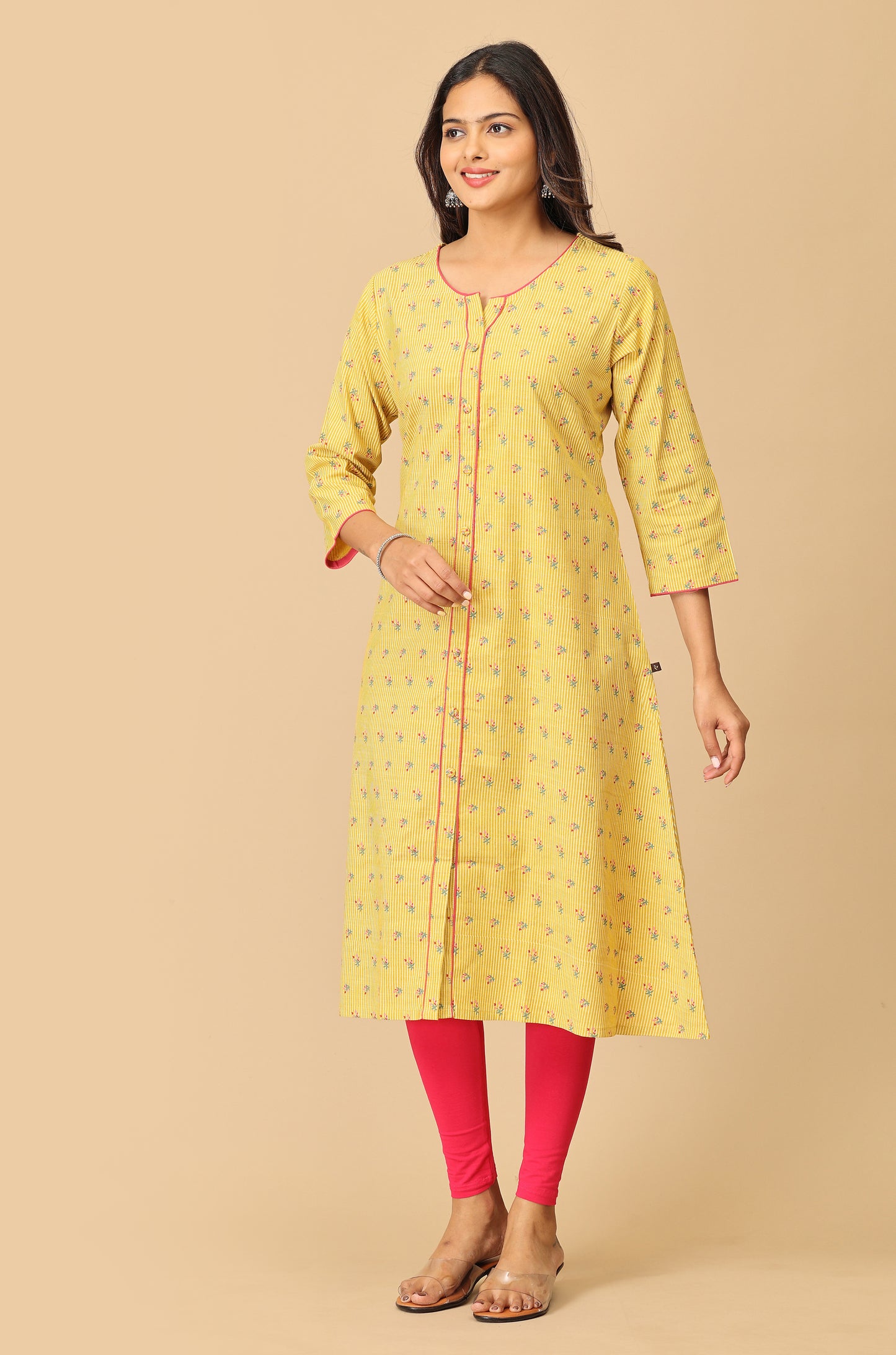 Printed Yellow Rayon Slub Kurti