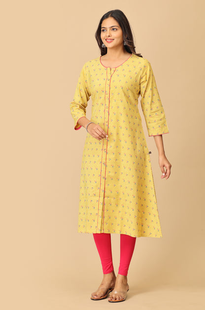 Printed Yellow Rayon Slub Kurti