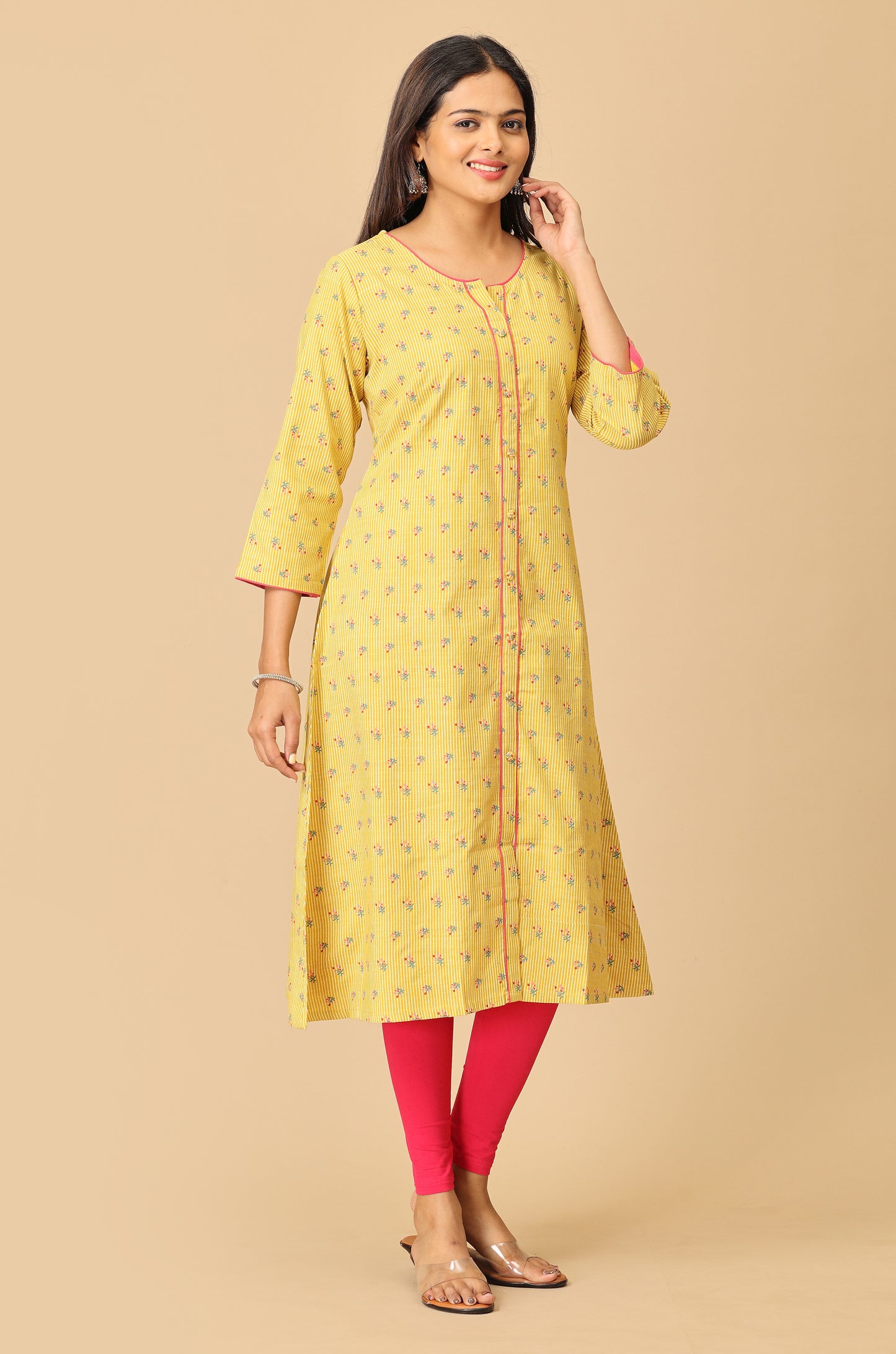 Printed Yellow Rayon Slub Kurti