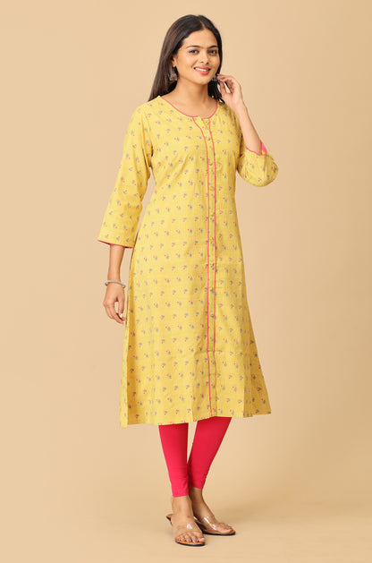 Printed Yellow Rayon Slub Kurti