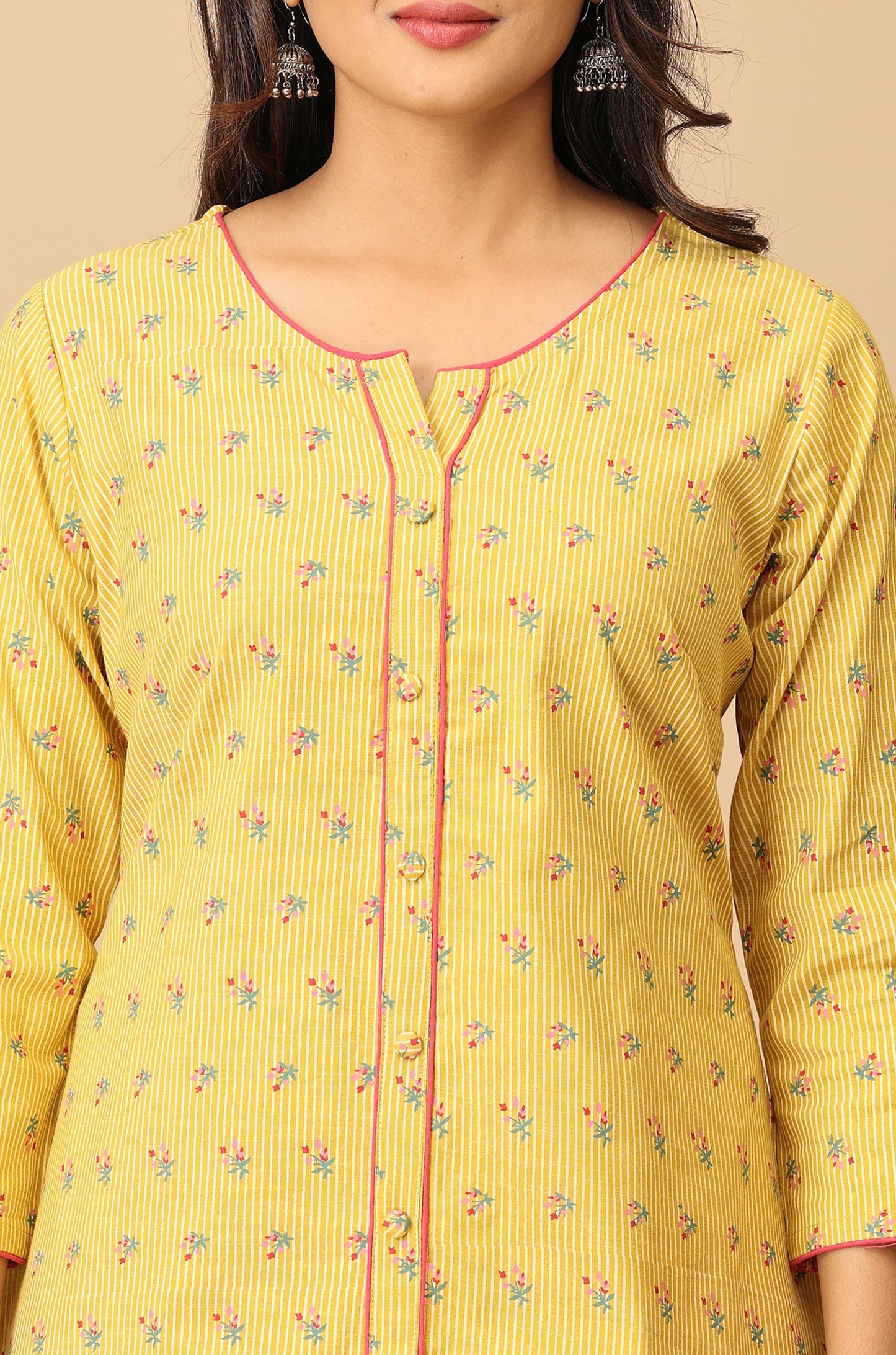 Printed Yellow Rayon Slub Kurti