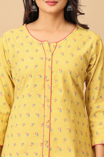 Printed Yellow Rayon Slub Kurti