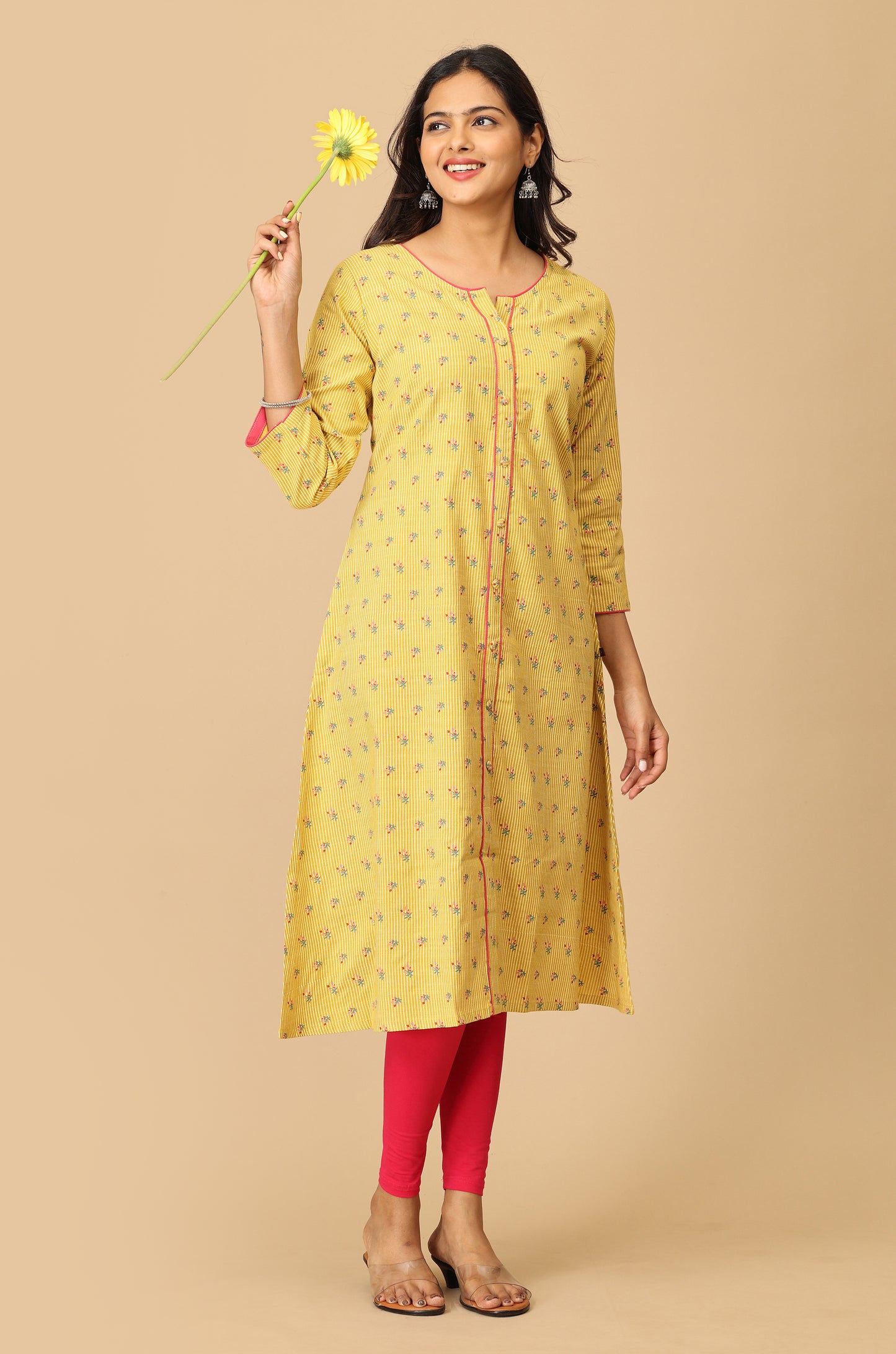Printed Yellow Rayon Slub Kurti
