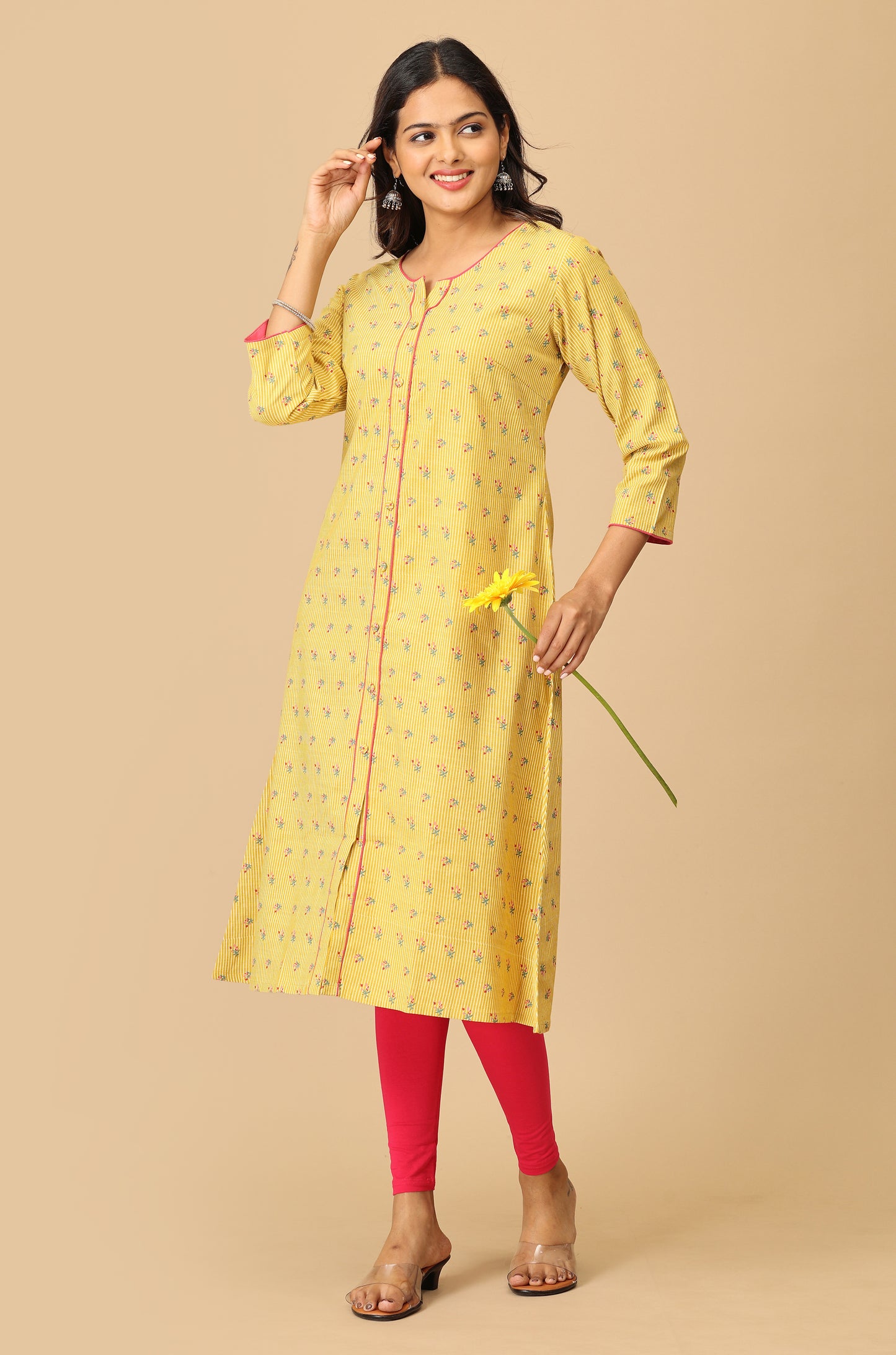 Printed Yellow Rayon Slub Kurti