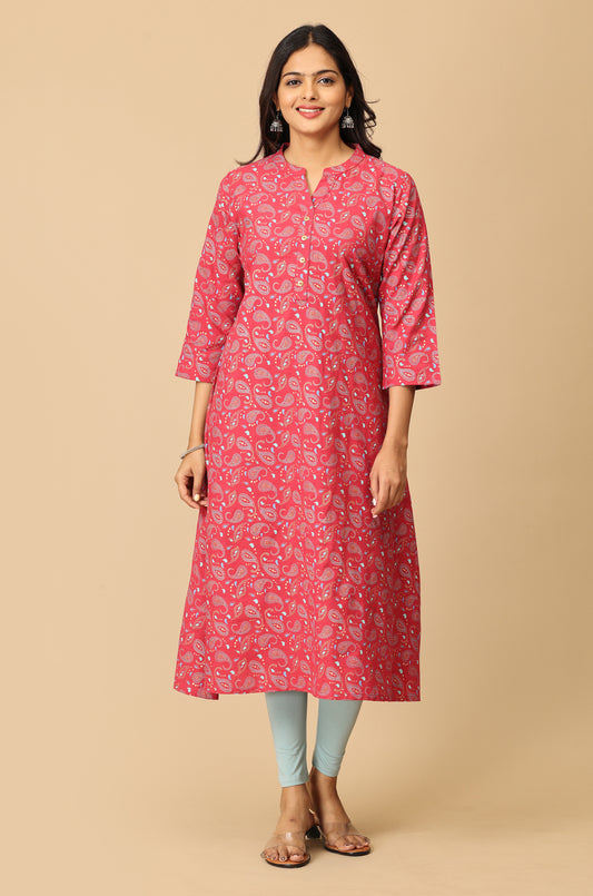 Magenta Rayon Slub Printed A-Line Kurta