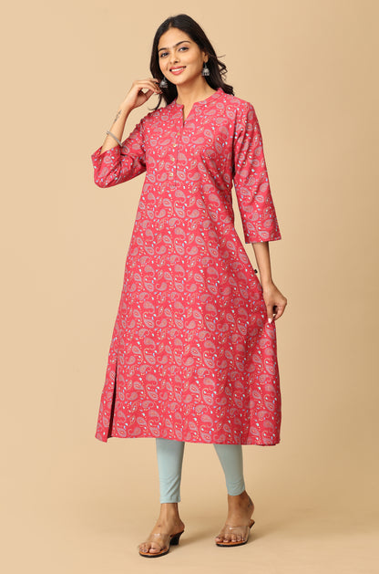 Magenta Rayon Slub Printed A-Line Kurta