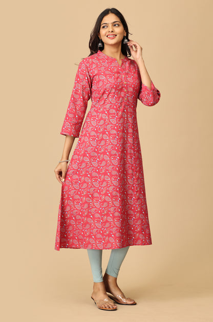 Magenta Rayon Slub Printed A-Line Kurta