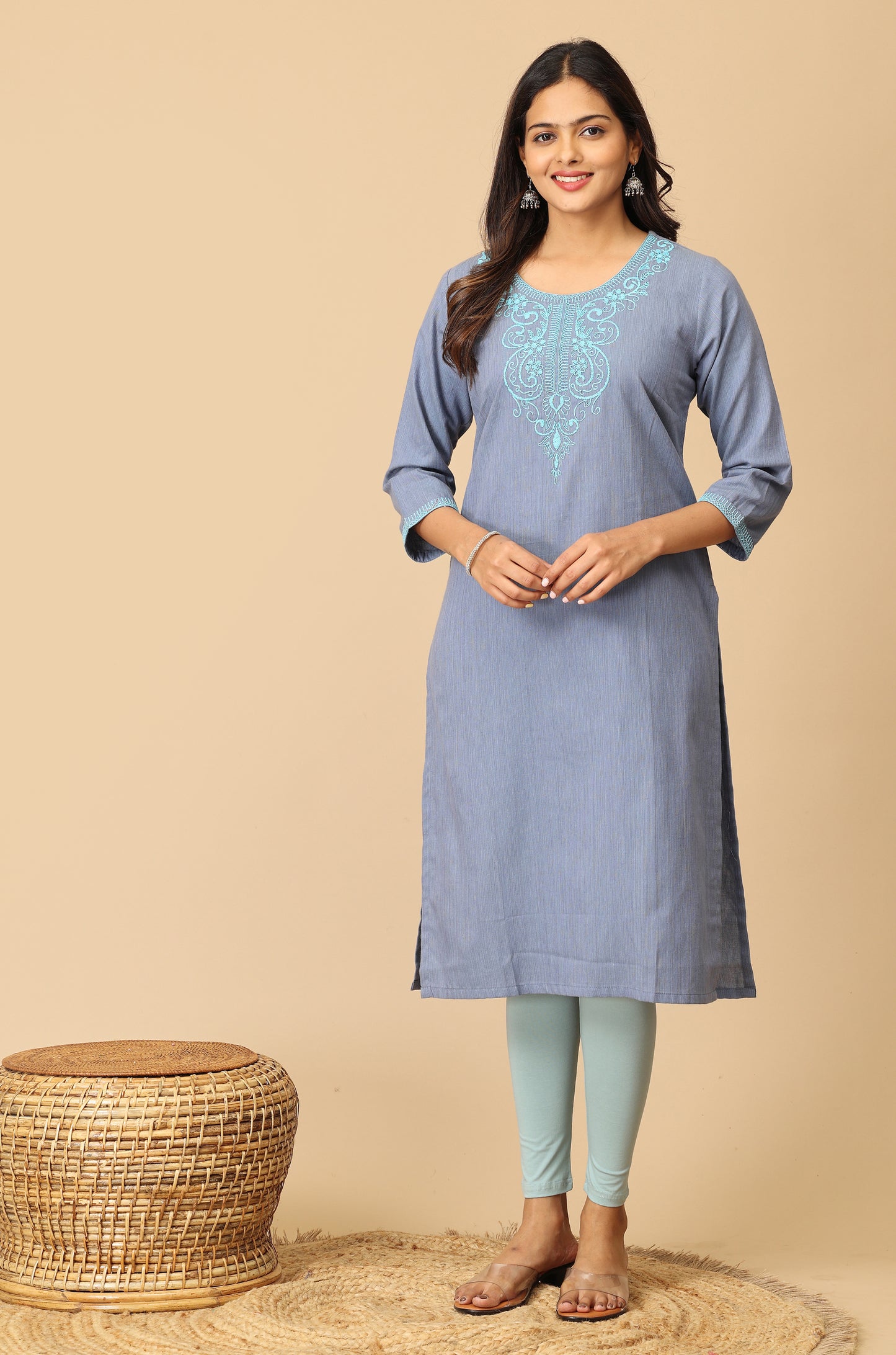 Light Blue Dori Embroidery Straight Kurti