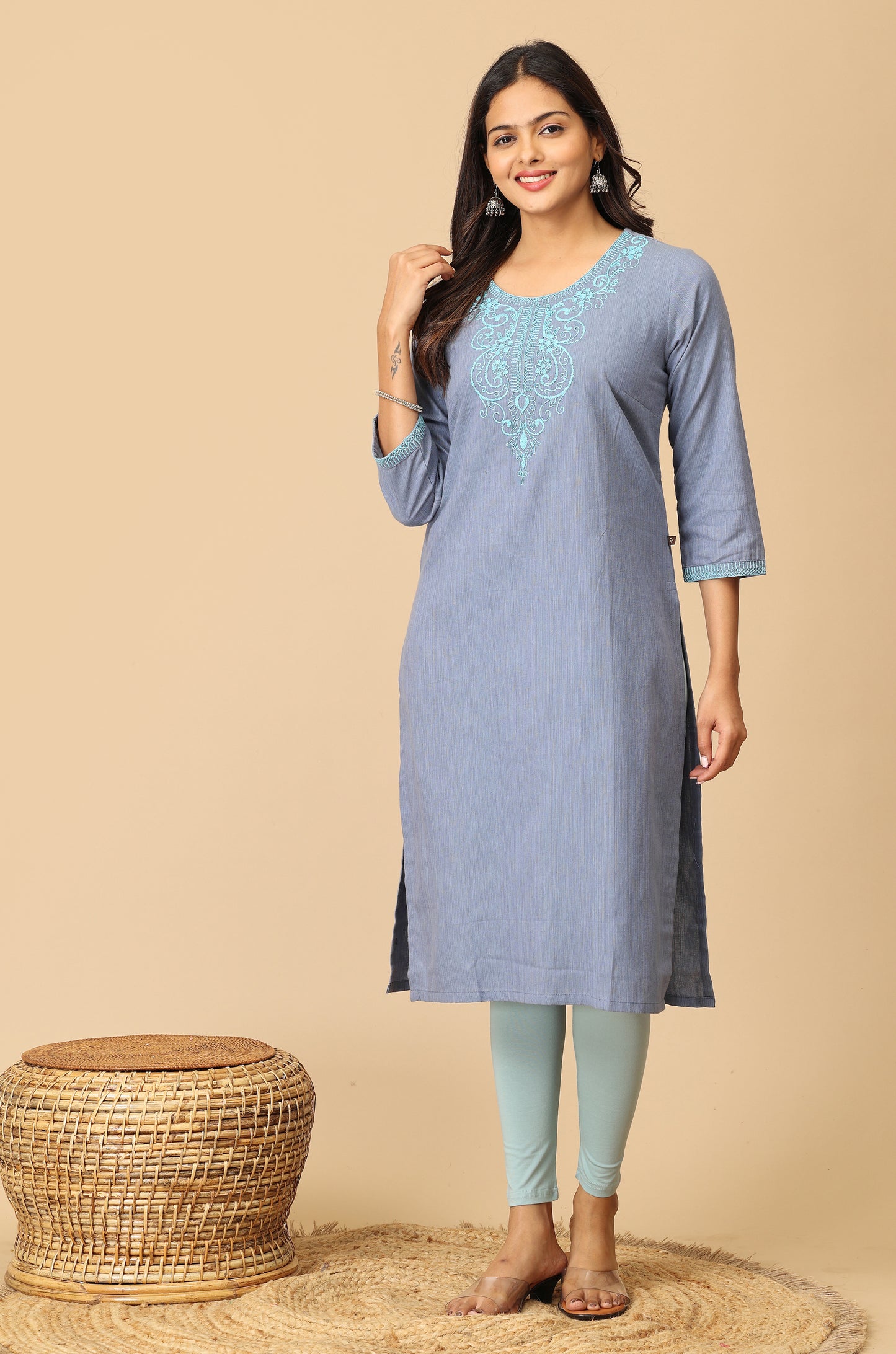 Light Blue Dori Embroidery Straight Kurti