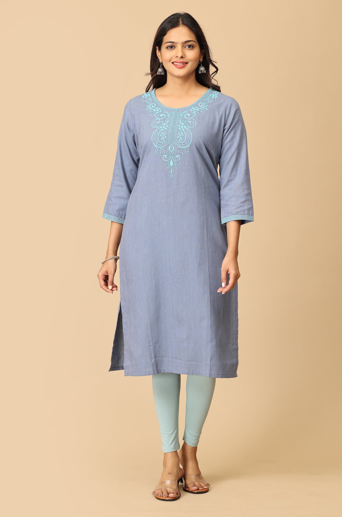 Light Blue Dori Embroidery Straight Kurti