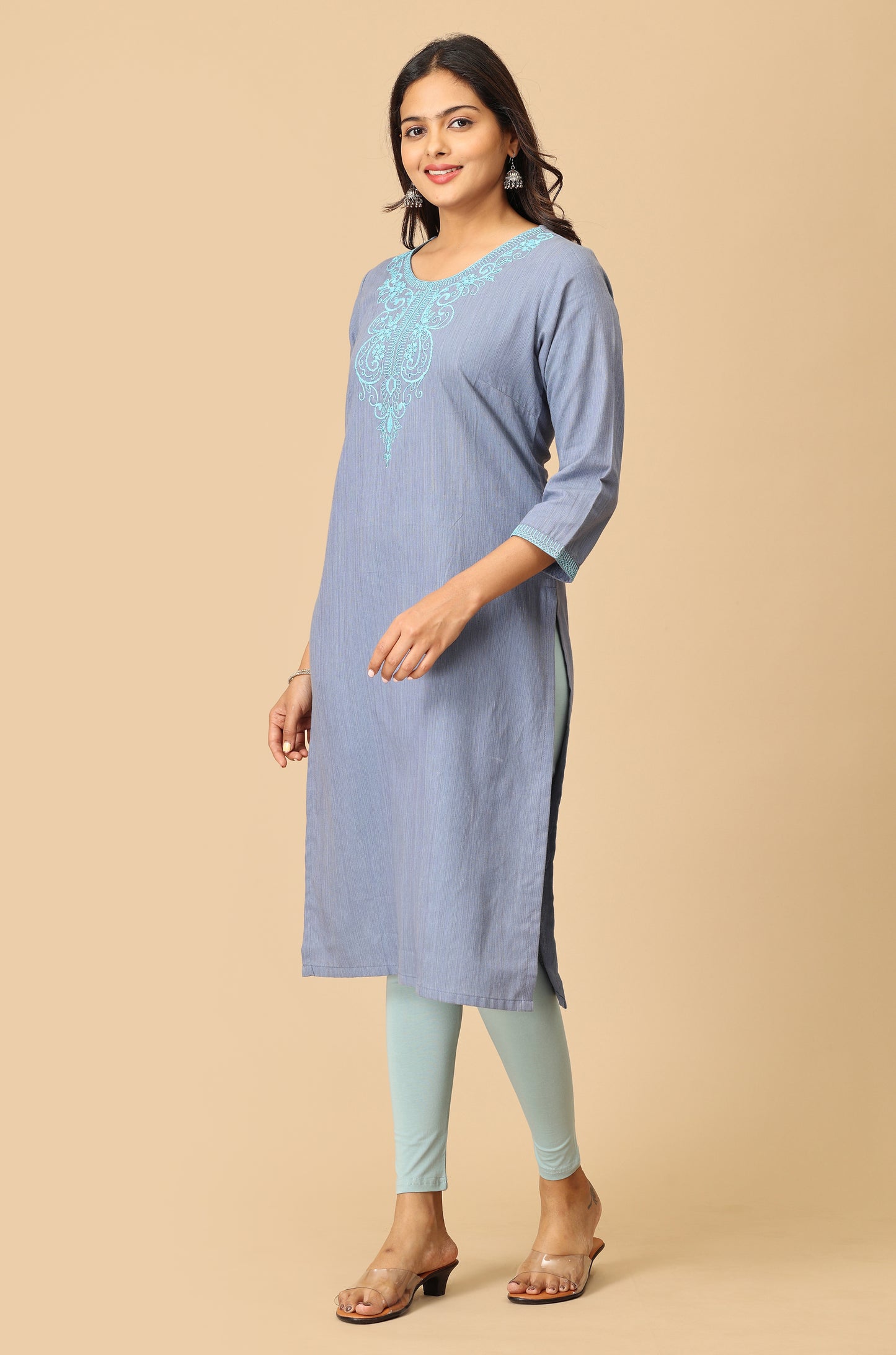Light Blue Dori Embroidery Straight Kurti
