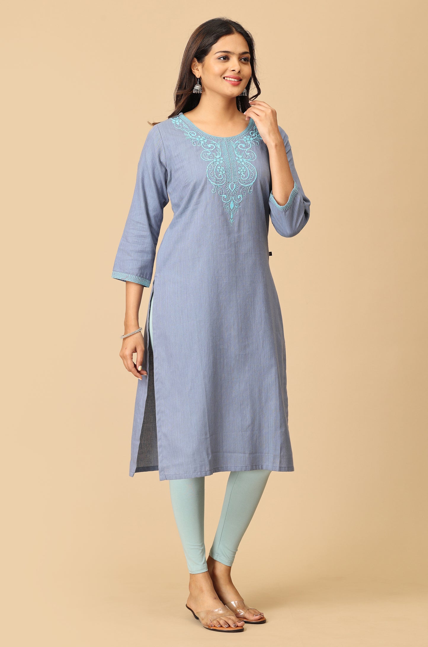 Light Blue Dori Embroidery Straight Kurti
