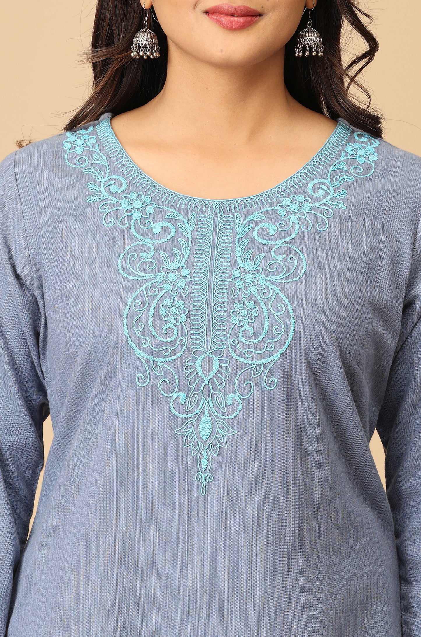 Light Blue Dori Embroidery Straight Kurti