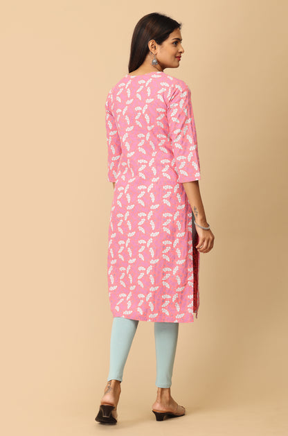 Peach Print with Neck Embroidery Kurti
