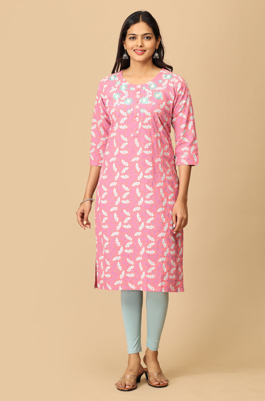 Peach Print with Neck Embroidery Kurti