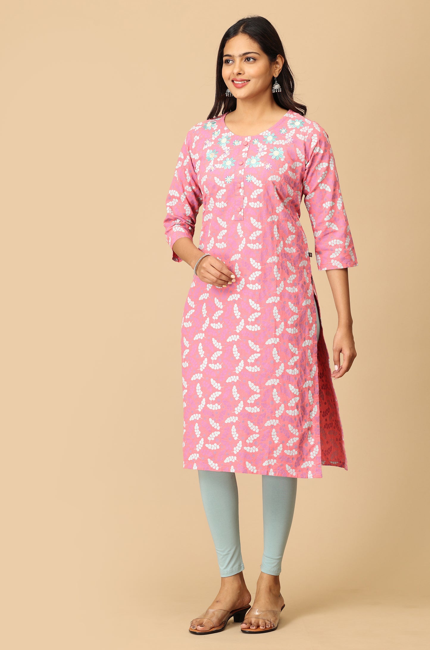 Peach Print with Neck Embroidery Kurti