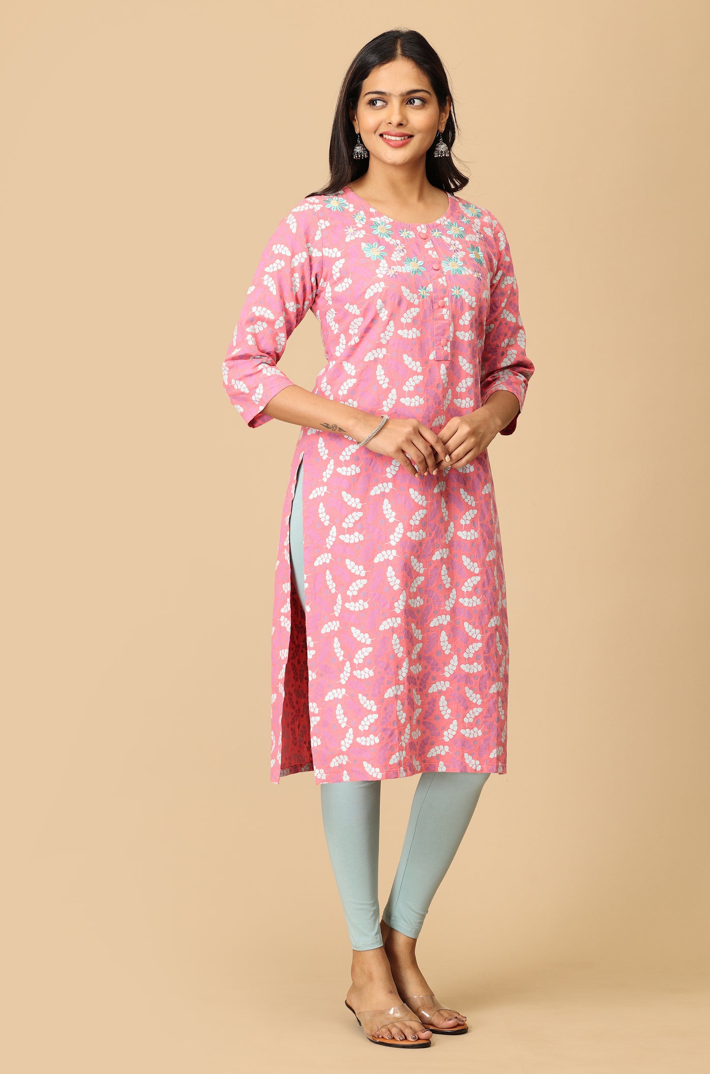 Peach Print with Neck Embroidery Kurti
