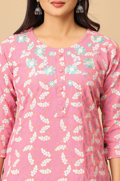 Peach Print with Neck Embroidery Kurti