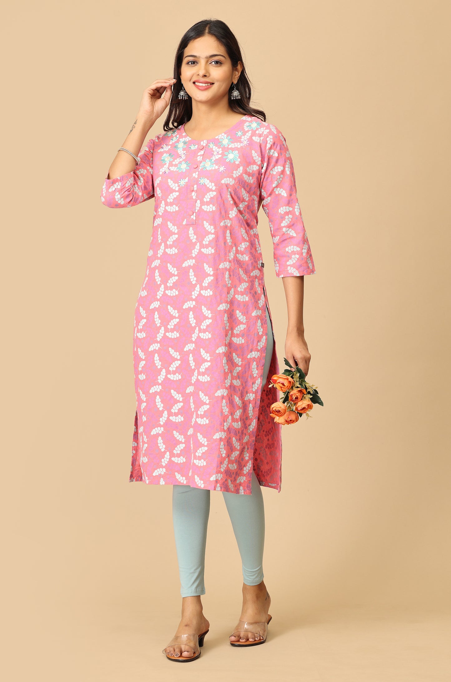 Peach Print with Neck Embroidery Kurti