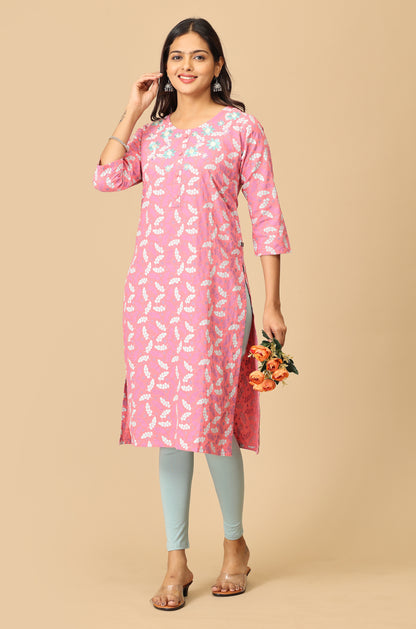 Peach Print with Neck Embroidery Kurti