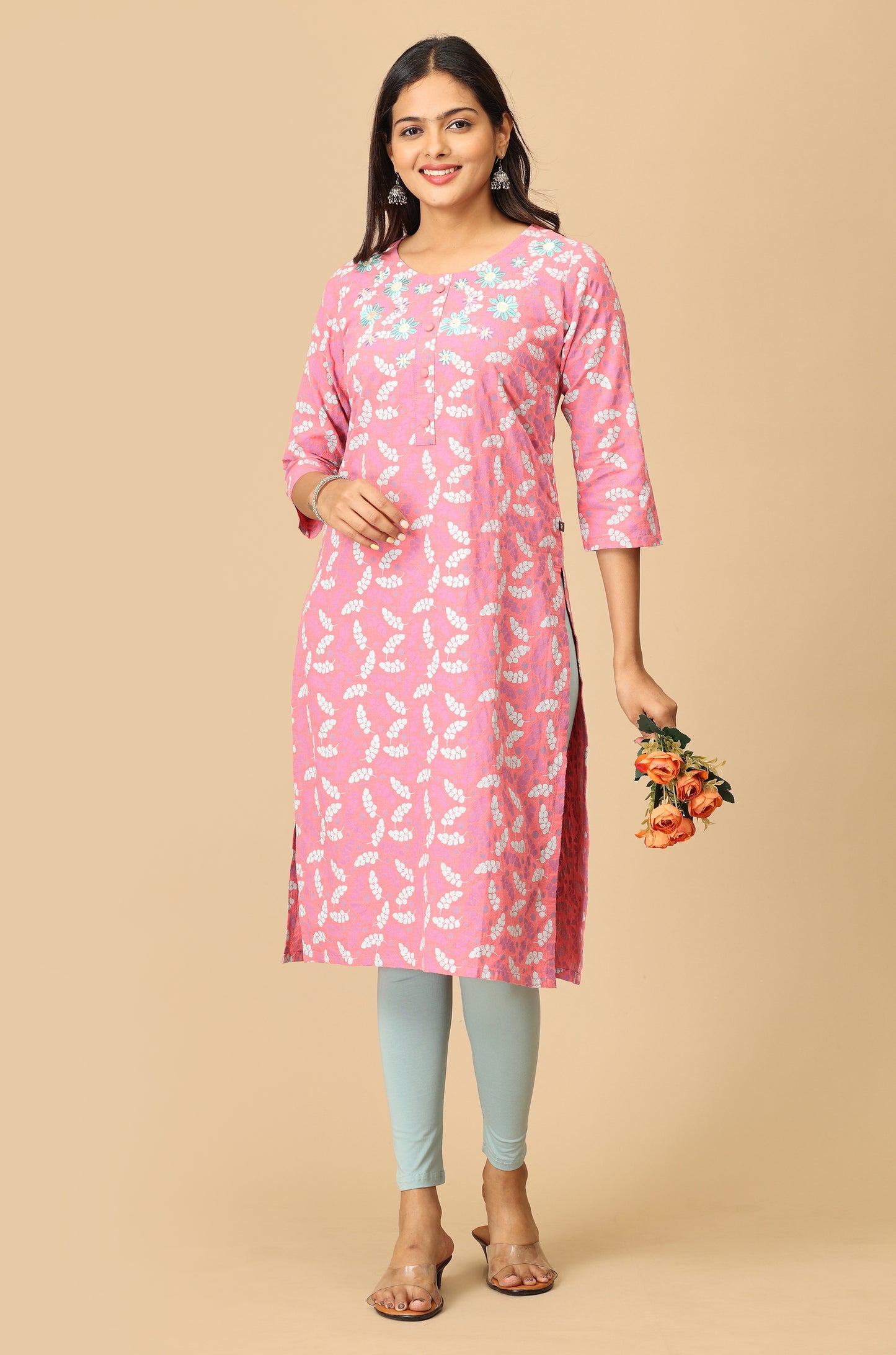 Peach Print with Neck Embroidery Kurti