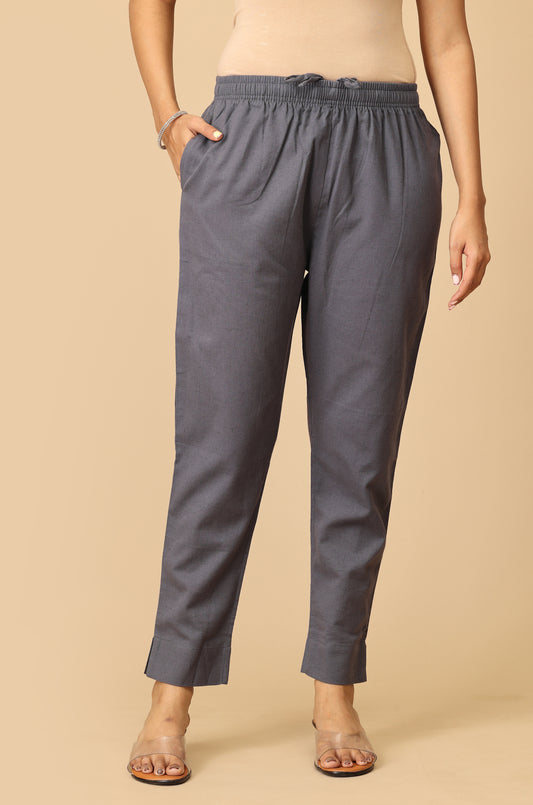 Grey Cotton Trouser Fit with Drawstring Cigarette Pant