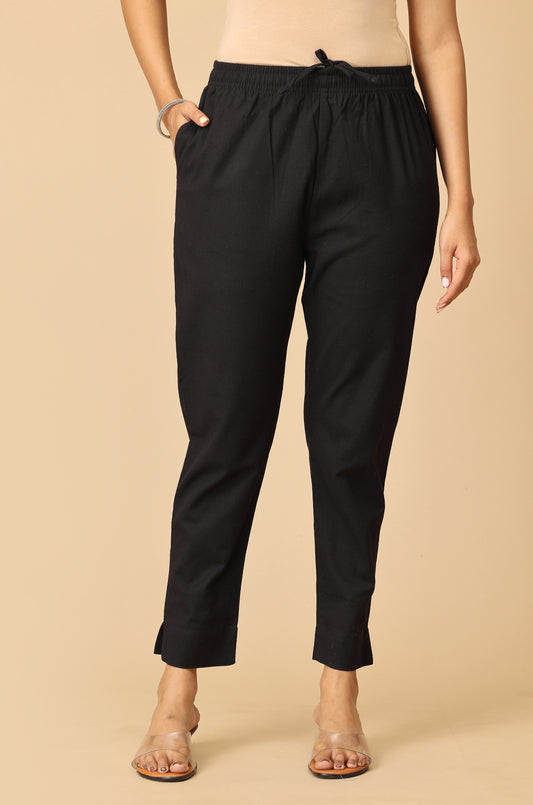 Black Cotton Trouser Fit with Drawstring Cigarette Pant