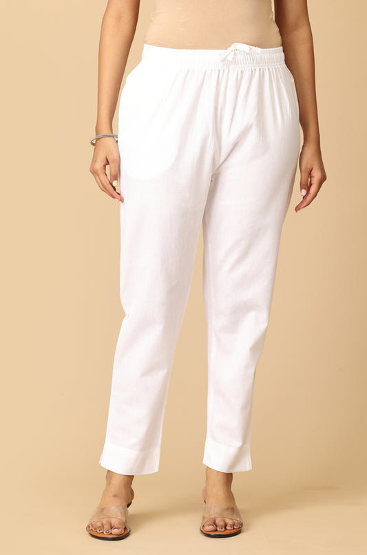 White Cotton Trouser Fit with Drawstring Cigarette Pant